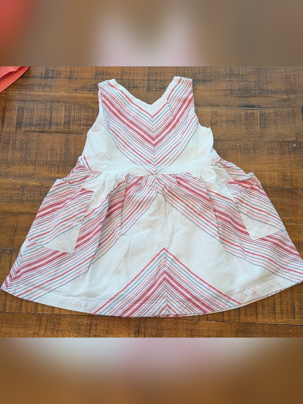 Girls 2T Oshkosh White, Red, Black, Striped Cotton Casual Dress, Pockets